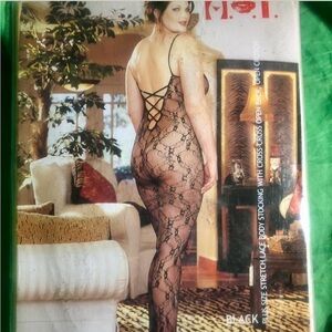 Shirley of Hollywood plus size stretch lace body stocking with cross open back